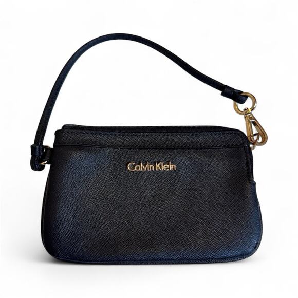 Calvin Klein Black Leather Saffiano Wristlet Full Zip Classic - Picture 1 of 8